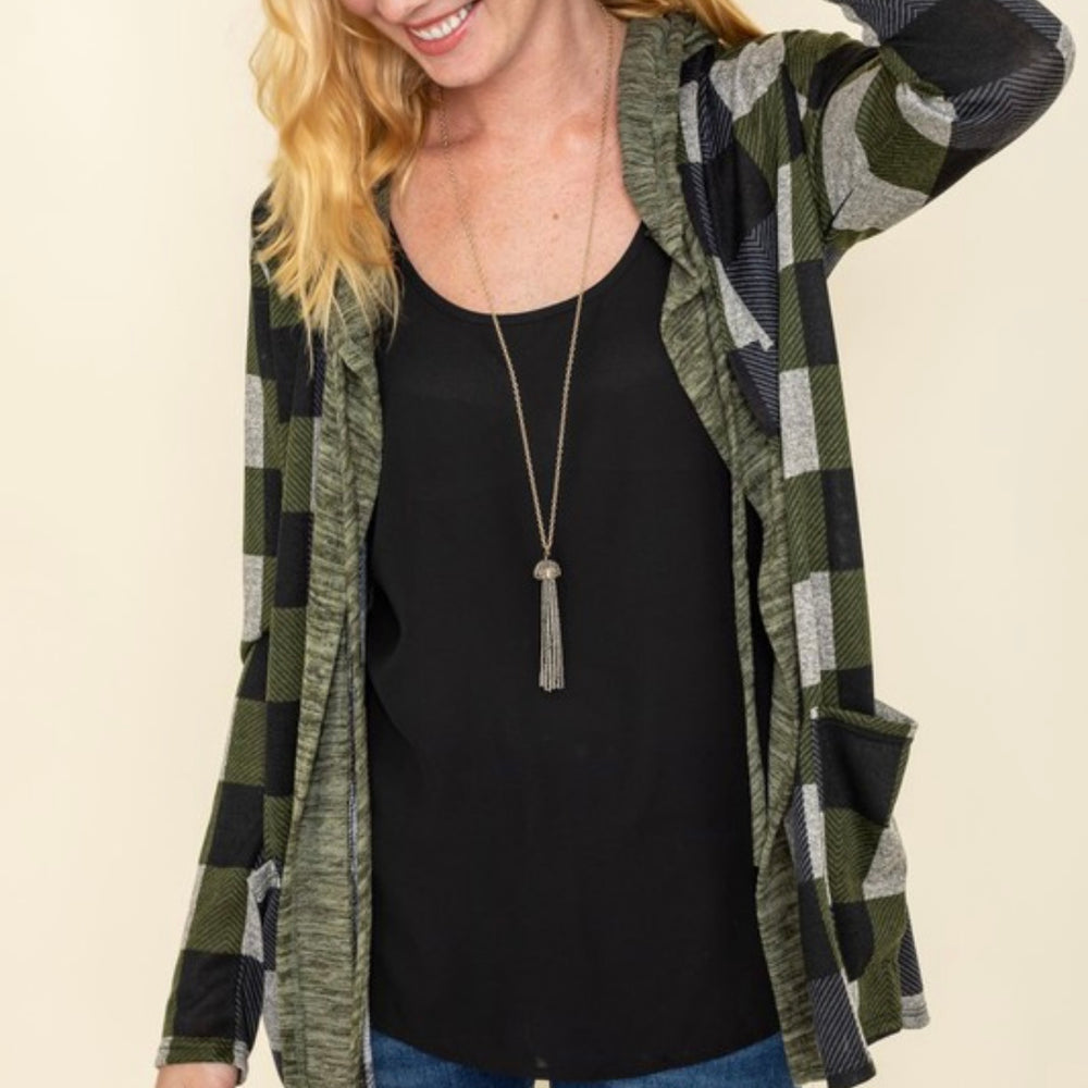 Olive Checkered Hooded Cardigan