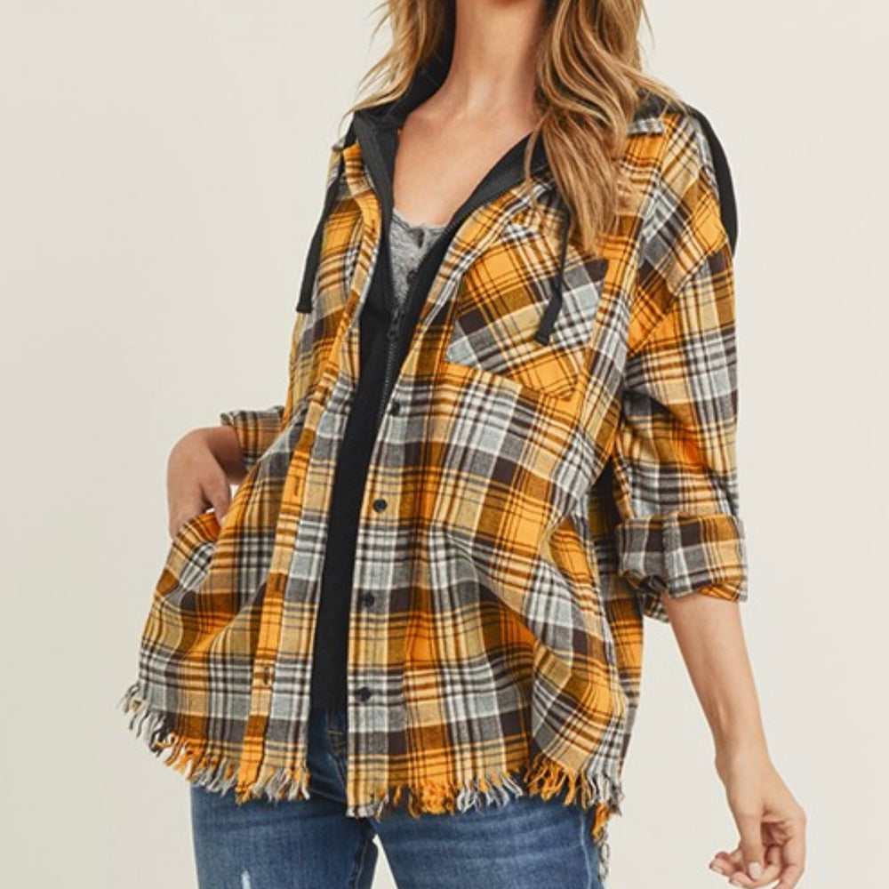 Yellow Hooded Plaid Shirt